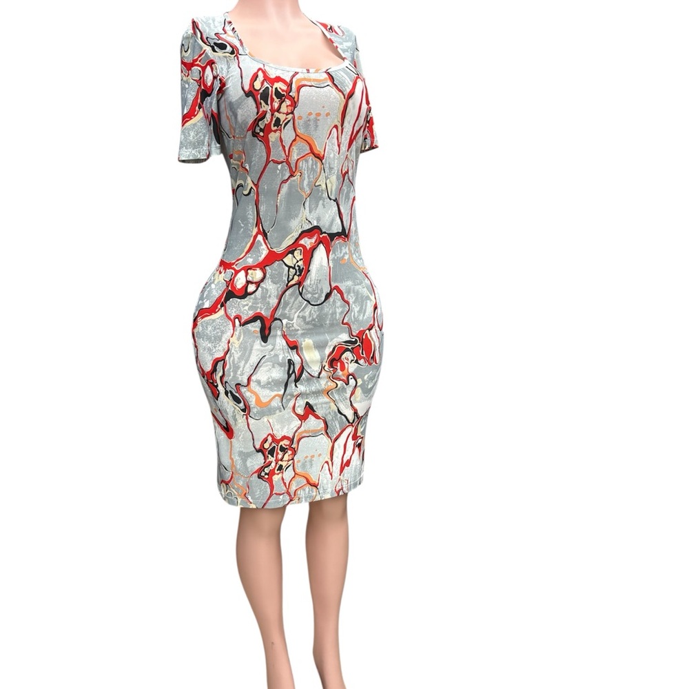 Dolce Dolce Gray and Red Marble-Print Midi Sheath Dress